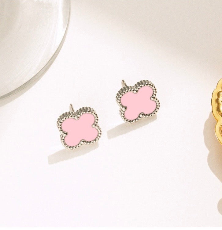 Fortune Clover Earrings | Silver Pink